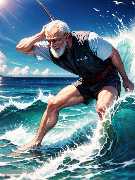 Highest quality,Highest Resolution,An old man fishing on the rocks in the sea,Wave Splash,The moment of catching fish,