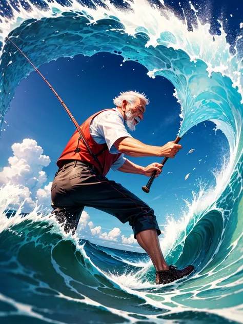 Highest quality,Highest Resolution,An old man fishing on the rocks in the sea,Wave Splash,The moment of catching fish,