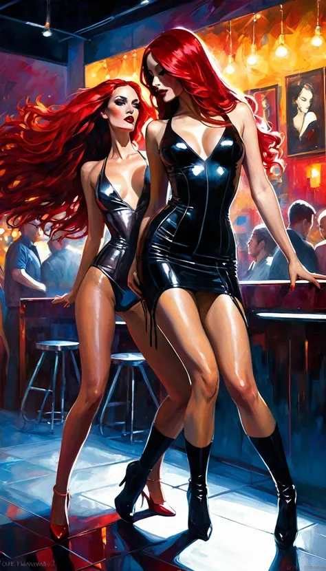 a beautiful young woman with long flowing crimson red hair and a mysterious alluring woman with long raven black hair, both wearing tight black leather , sensual and provocative poses, dancing intimately on a dimly lit nightclub dance floor, (art inspired ...