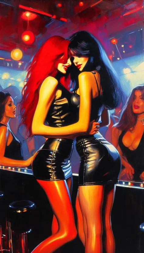 two girls with long red and black hair, sexy, leather miniskirt, very sexy, affectionate, in the nightclub, dance floor,(art inspired by Bill Sienkiewicz ). oil painting)
