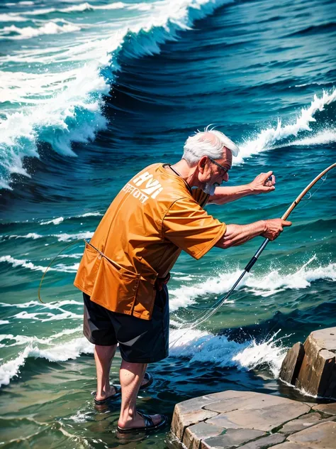 Highest quality,Highest Resolution,An old man fishing on the rocks in the sea,The moment of catching fish,