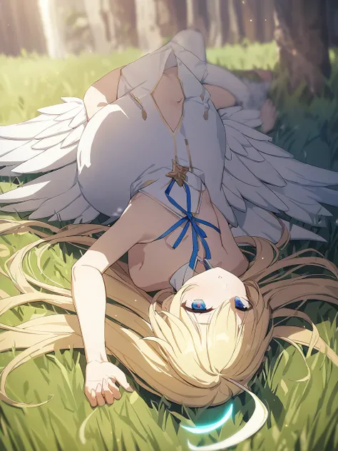 Zaora, blue eyes, (Variegated eyes:0.5), Blonde, Very long hair, Twin Blade, bangs, Ahoge, Hello, Angel, Flat Chest, White Dress, Belly button cutout, Detachable collar, Strapless, Neck ribbon, Bare shoulders, Angel wings, barefoot, One girl, Solo Break Sp...