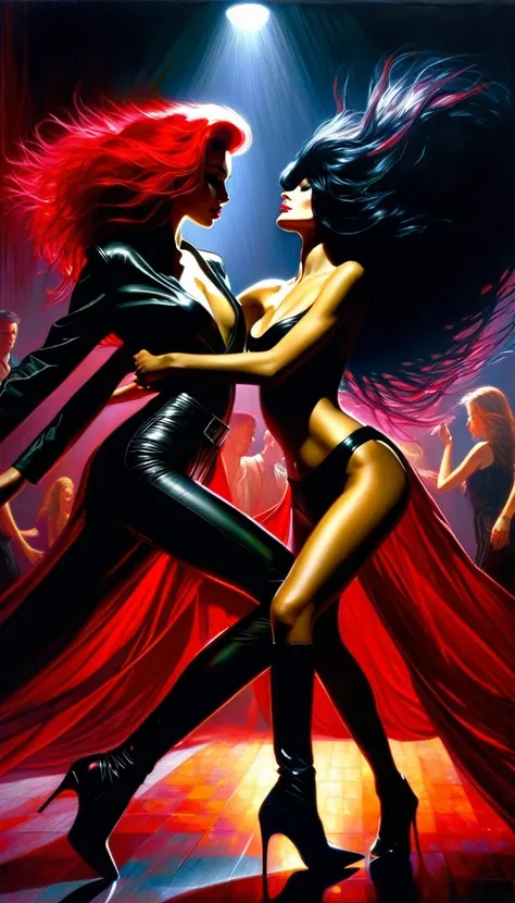 a beautiful young woman with long flowing crimson red hair and a mysterious alluring woman with long raven black hair, both wearing tight black leather , sensual and provocative poses, dancing intimately on a dimly lit nightclub dance floor, (art inspired ...