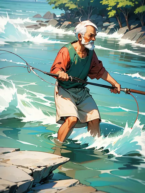 Highest quality,Highest Resolution,An old man fishing on the rocks in the sea,The moment of catching fish,