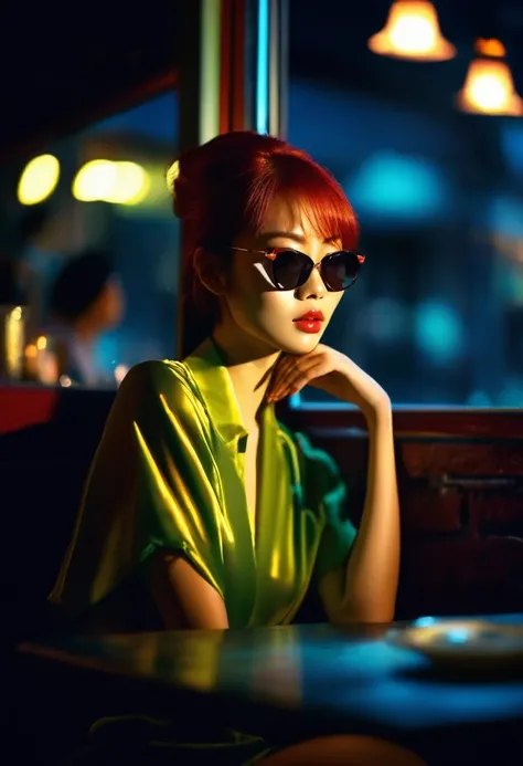 Beautiful Asian redhead sitting in a restaurant at night, visible from the window, perfect face, sunglasses, neon black, (backlit: 1.1), hard shadows, artwork, highest quality, complex, model shooting style, vintage, film grain, incomplete details.

