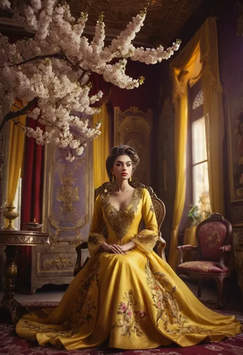 a woman in a yellow dress sitting in a room with a cherry tree, lady using yellow dress, stunning elegant pose, miss aniela, royal elegant pose, portrait shot, regal pose, seated in royal ease, royal gown, high - end fashion photoshoot, haute couture fashi...