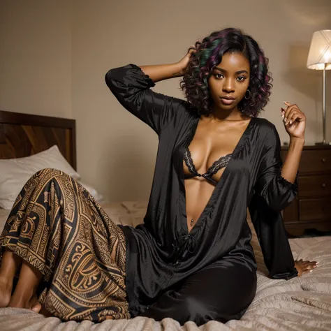 (africian one black woman, sexy sensual nightwear, random face, photorealistic, random hair color and random style, random pose)