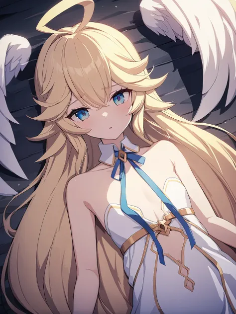 zaora, blue eyes, (variegated eyes:0.5), blonde, very long hair, twin blade, bangs, ahoge, hello, angel, flat chest, white dress...