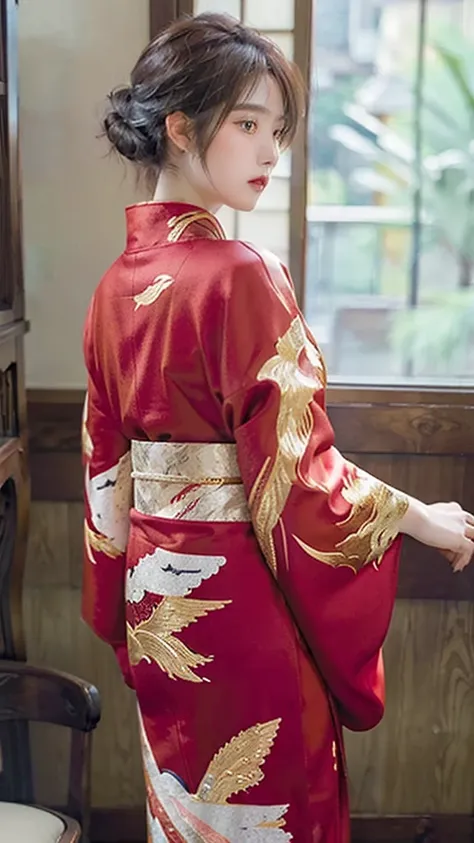 A beautiful girl wearing a red kimono with golden details, seen from behind and looking back, highly detailed, photorealistic, 8k, (best quality:1.2), (realistic:1.37), warm colors, dramatic lighting, detailed texture, elegant hairstyle, detailed kimono pa...