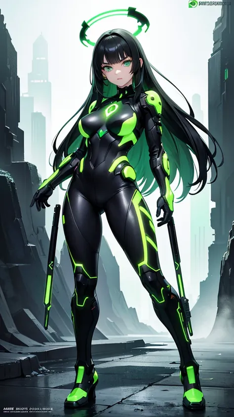 masterpiece, highest quality, (solo focus), (perfect face:1.1), (full body), (high detail:1.1), (hyper detailed eyes), dramatic, a woman with paleskin and long dark green hair, bright green eyes, solo, arrogant expression, neon cybernetic outfit, white bac...