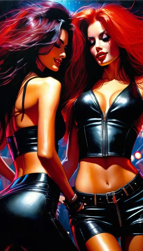 a beautiful detailed portrait of two sexy girls with long red and black hair, wearing tight leather , affectionately dancing on a nightclub dance floor, (art inspired by Bill Sienkiewicz), oil painting, ,sharp focus,physically-based rendering,extreme detai...