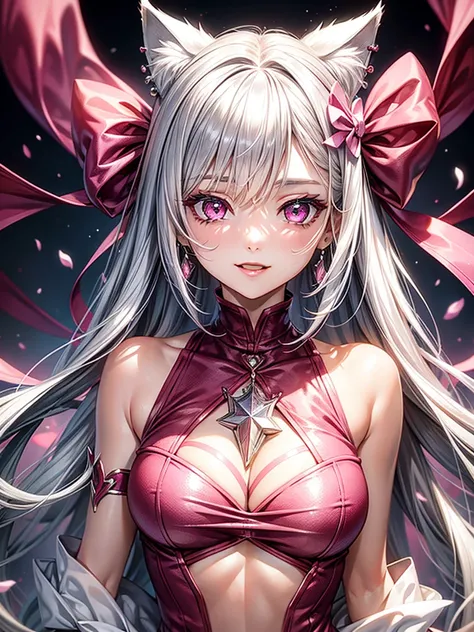 Silver hair, pink eyes, body, cat ears, woman, earrings, fantasy background, pink red clothes, hair bows, happy face