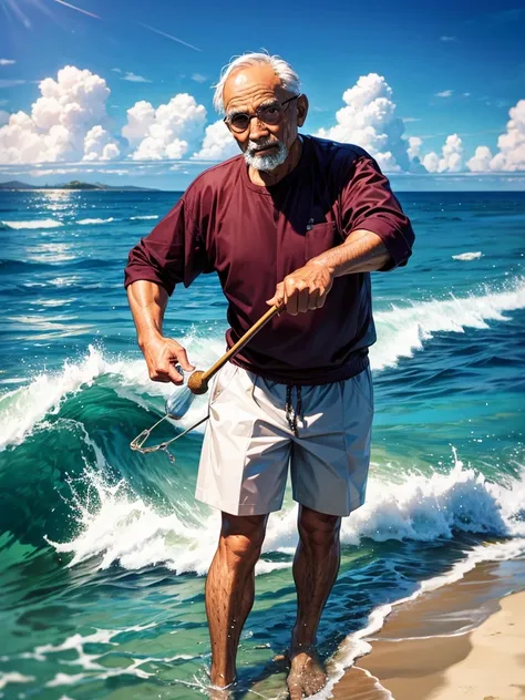 Highest quality,Highest Resolution,An old man fishing on the rocks in the sea,The moment of catching fish,