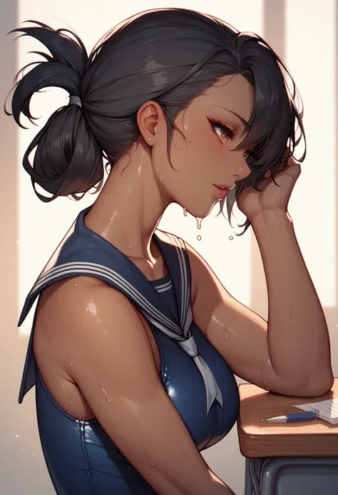 (((dark brown skin))) azur lane　sailor suit　school swimsuit　beautiful tall woman　black hair　 sweat　(((folded ponytail)))　classro...