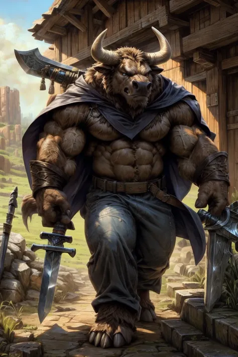 minotaur,thick arms，rugged muscle，cloak，great sword，warriors pant,mature face，exquisite eyes，detailed body，detailed hands，detail...