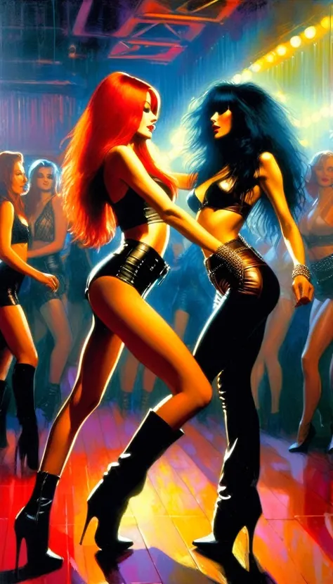 A beautiful girl with long red hair and a girl with long black hair, both wearing sexy leather , dancing affectionately on a nightclub dance floor, (art inspired by Bill Sienkiewicz), oil painting, best quality, 4k, 8k, highres, masterpiece:1.2, ultra-deta...