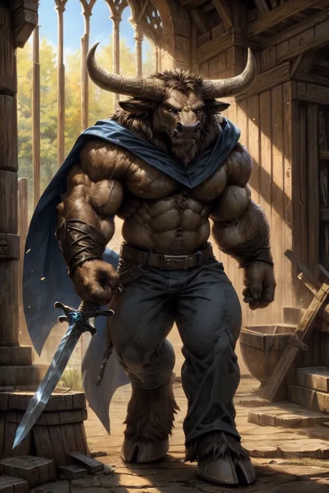 minotaur,thick arms，rugged muscle，cloak，great sword，warriors pant,mature face，exquisite eyes，detailed body，detailed hands,hooves...