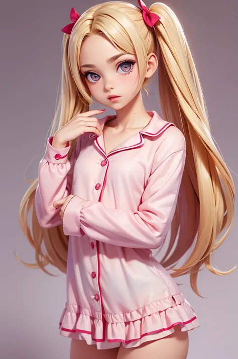 hyperrealistic 14 year old american teen, blonde, perfect tiny body, sexy, dark makeup, perfect slim face, big red lips, very cute face, tiny body, big eyes, young looking, childish looking, two piece pink pijama, two ponytails, no nsfw
