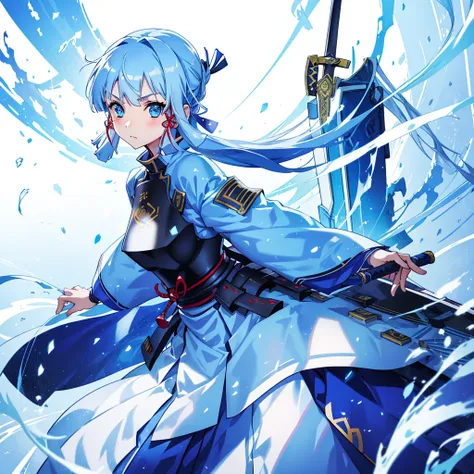 view the viewer, 1 girl,  highest quality, blue hair, blue eyes, japanese style armor, sword in hand, electricity, kamisato ayak...