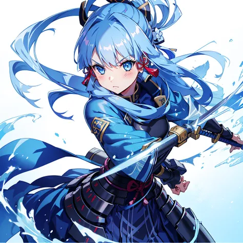 view the viewer, 1 girl,  highest quality, blue hair, blue eyes, japanese style armor, sword in hand, electricity, kamisato ayak...