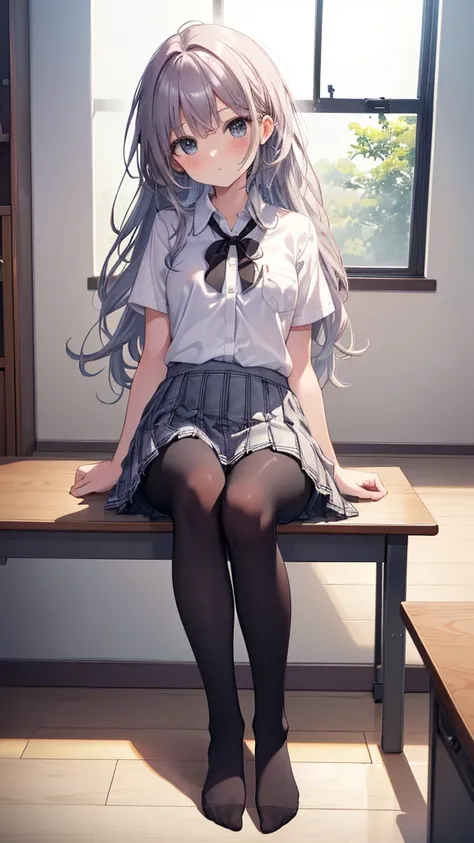 (8K、Best image quality、Highest quality、masterpiece)、One tall girl、((Full body))、Sit on the floor with your legs spread apart、White panties are visible、Long Hair、Wavy Hair、blush、Moderate bust、White collared shirt、Short sleeve、((Plaid pleated mini skirt))、Cl...