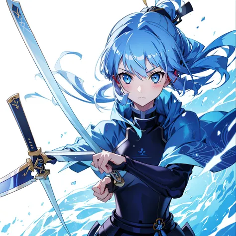 View the viewer, 1 Girl,  Highest quality, Blue Hair, blue eyes, Japanese style armor, Sword in hand, electricity, kamisato ayaka, whole body, blush, Serious face、Very detailed、high resolution、High resolution、Written boundary depth,White Background,A sword...