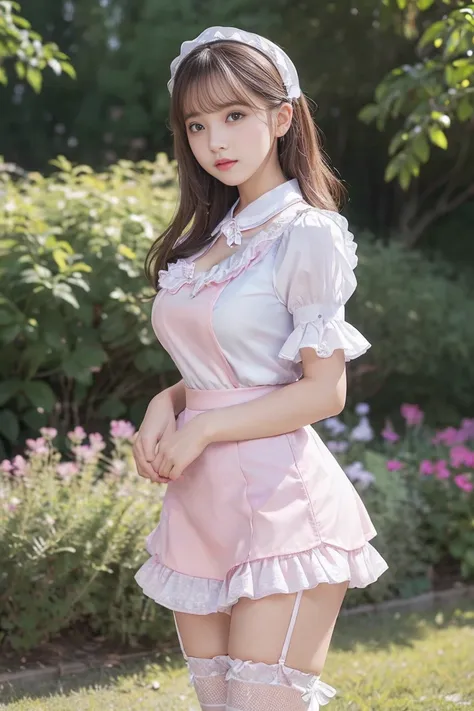 Highest quality, Super detailed, High resolution, 8K images) (reality, Realistic photos:1.37), ((Highest quality))Browsing Caution、Pastel colored maid outfit、、mini skirt、With ruffles、White fishnet stockings、Cotton fabric panties、、Don&#39;t cover your lower...