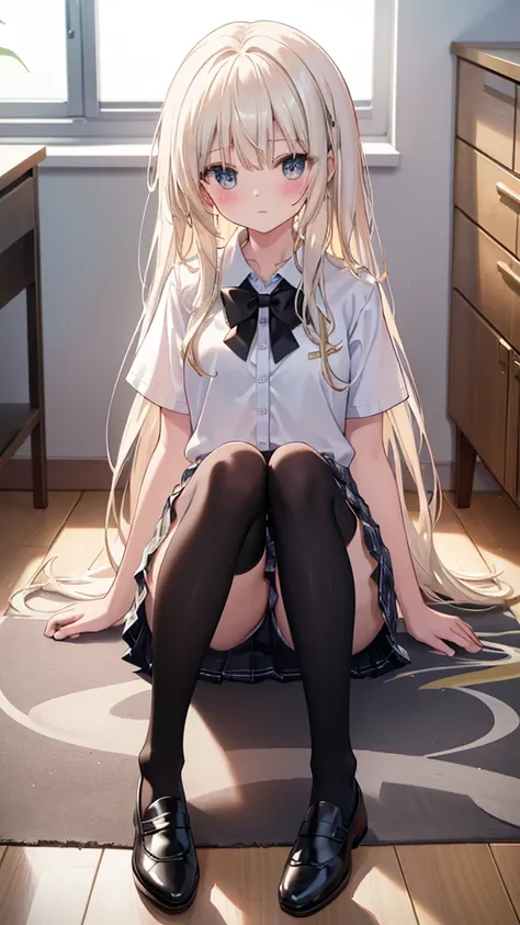 (8K、Best image quality、Highest quality、masterpiece)、One tall girl、((Full body))、Sit on the floor with your legs spread apart、White panties are visible、Long Hair、Wavy Hair、blush、Moderate bust、White collared shirt、Short sleeve、((Plaid pleated mini skirt))、Cl...