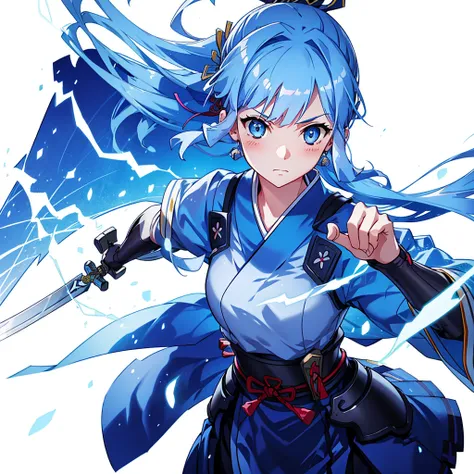 View the viewer, 1 Girl,  Highest quality, Blue Hair, blue eyes, Japanese style armor, Sword in hand, electricity, kamisato ayaka, whole body, blush, Serious face、Very detailed、high resolution、High resolution、Written boundary depth,White Background,A sword...