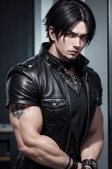 realistic style: round face, emo/goth man with short hair, with bright ¡¡RED EYES!!, long goatee and serious and intimidating expression, wearing leather clothing, muscular