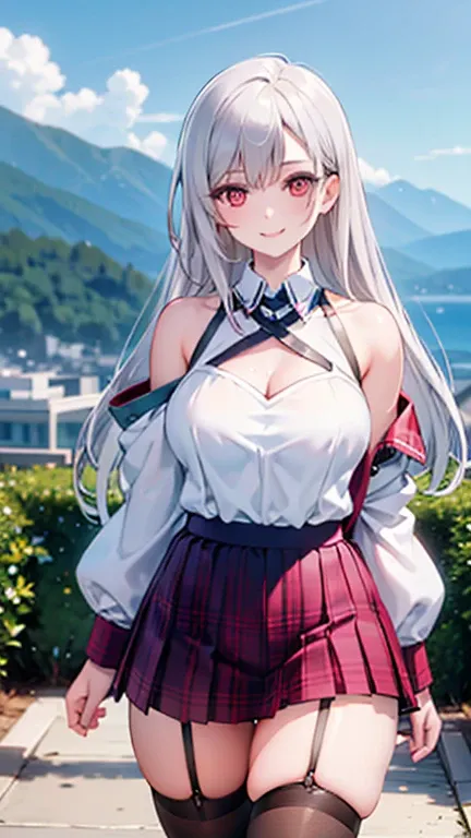 realistic image, coherent image, detailed image, 1 beautiful girl. She has silver hair, long hair, red eyes, long eyelashes. Her face is oval and delicate, smiling. She is wearing a long-sleeved, shoulder-baring, off-shoulder top, plaid pleated mini skirt,...