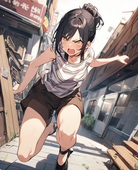 One Woman、Black Hair、Hairstyle、ponytail、Yellow Eyes、Slanted Eyes、whole body、High Kick、Angry expression、Open your mouth、Casual clothing、From above、Ultra-precise and accurate