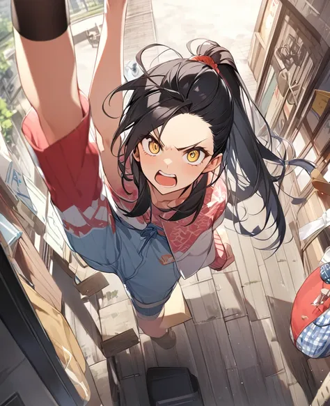 One Woman、Black Hair、Hairstyle、ponytail、Yellow Eyes、Slanted Eyes、whole body、High Kick、Angry expression、Open your mouth、Casual clothing、From above、Ultra-precise and accurate