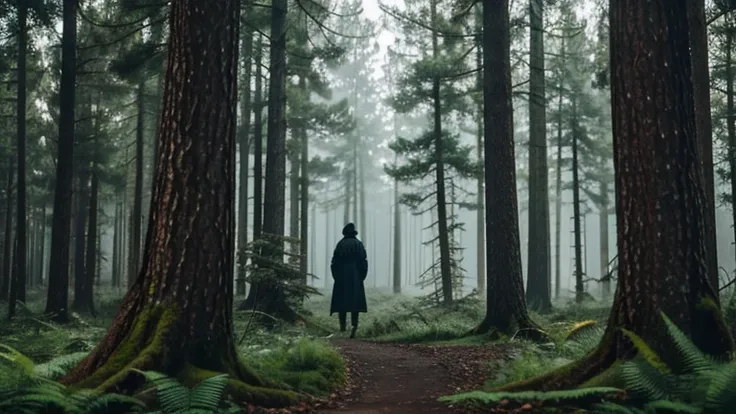 a mysterious forest full of trees and vegetation. High 8K image quality . Among the trees a mysterious dark human figure. 