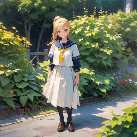 (Highest quality,High resolution,Very detailed,Realistic:1.37),Peaceful atmosphere,(Outdoor,garden),Teenage girl standing alone,Beautifully detailed features,Cute Smile,(Blonde ponytail),navy sailor suit,Pleated skirt,black tights,Brown leather shoes.