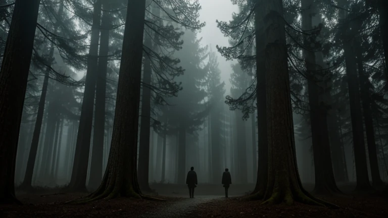 a mysterious foggy forest with giant trees, two people talking in the darkness, detailed portraits, oil painting, photorealistic, dramatic lighting, moody atmosphere, rich colors, cinematic composition, award winning digital art