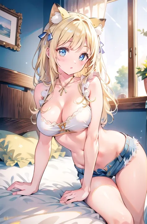 work of art, best qualityer, high resolution, kashiwazaki sena, borboleta_body hair_ornament, blonde body hair, long body hair, breasts big, water eyes, 1 girl, standing alone, bangss,top cut, short jeans, cowboy shot, ssmile, pose sexy, bed-in, bed-inroom...