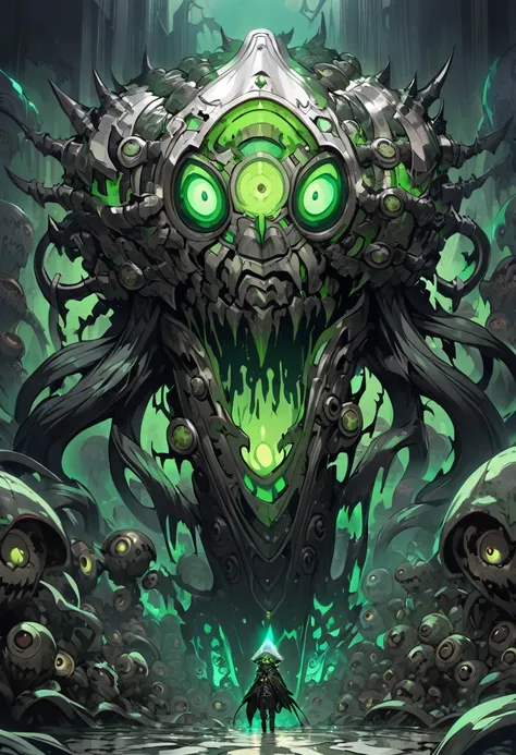 ((dark biopunk horror)), gloomy biopunk, high creature, long green closed cloak, silver glossy closed smooth pointed helmet, green glowing eyes, many eyes, highly detailed art, dark character, creepy character