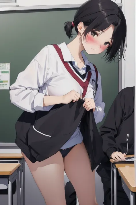 Black Hair、short hair、Short Ponytail、Blushing、Embarrassed、Take off your panties、、School classroom、blackboard