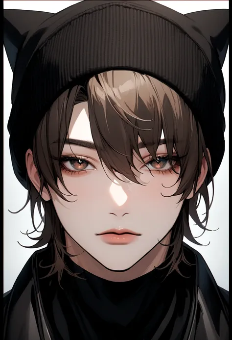 portrait extremely attractive boy looking with a seductive face at the viewer in the center black clothes medium long brown hair wearing a symmetrical black beanie hat front photo 