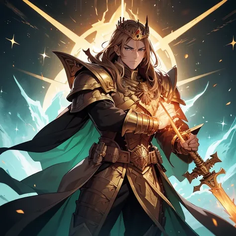 (Absurdres, best high quality)
1character, Warhammer 40.000 god emperor of Mankind, (bright golden skin ,long brown hair, sparkling green eyes), (giant bulky golden armor), (holding a huge fire sword with left hand), (upright right hand, closed fist) hands...