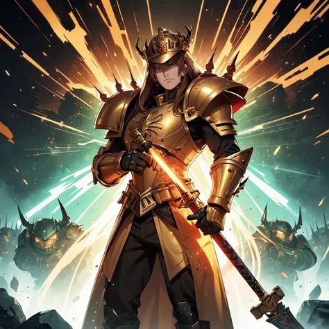 (Absurdres, best high quality)
(1character, Warhammer 40.000 god emperor of Mankind), (bright golden skin ,long brown hair, sparkling green eyes), (giant bulky golden armor), (holding a huge fire sword with left hand), (upright right hand, closed fist) han...