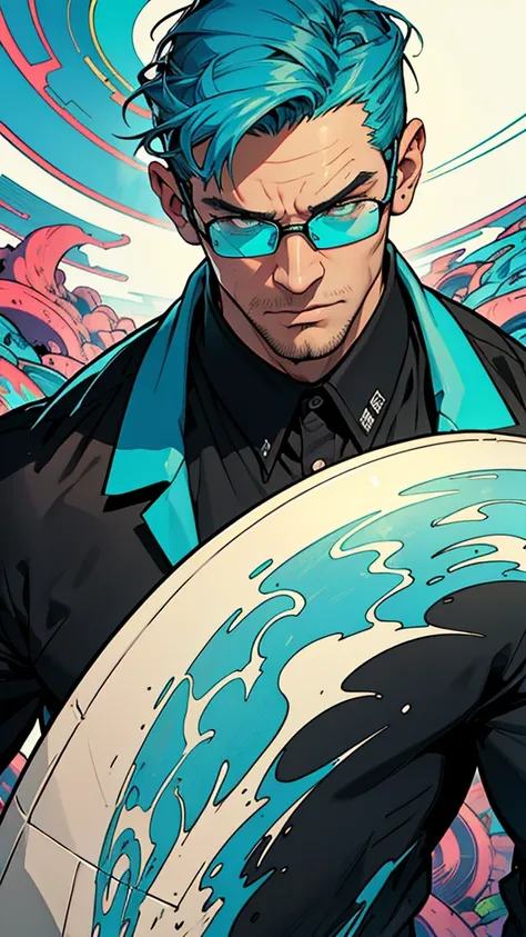 A handsome man with headset, black shirt, and glasses, aggressive digital illustration, blue and turquoise, 85 new wave, hyper-detailed illustrations, colorful moebius, pulled, scraped, and scratched, neo-pop iconography