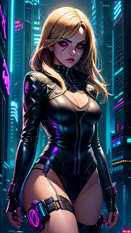 realistic, best quality, (masterpiece:1.2), absurdres, (1girl, solo), fashion photography of superhero, lips, small breasts, beautiful, makeup, mascara, lip gloss, blonde hair, a beautiful woman wearing Black Canary Costume, black Leather Jacket, full body...