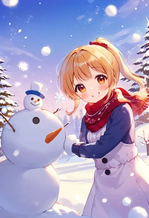 Highest quality、High resolution、Detailed Background、Beautiful face in every detail、Teenage beauty、cuteカラーの髪色、ponytail、Bobcut、cute髪型、cute仕草、A big smile、smile、
A  is having fun making a snowman in the snow、The big snowball the girl was holding、Snowman hats, ...