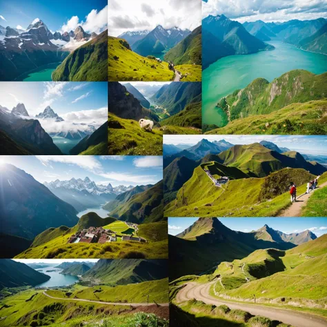 an image that represents the geographical and cultural diversity of Peru. For example, You could include a collage with images of representative landscapes of the coast, Peruvian mountains and jungle, along with cultural elements such as typical costumes, ...