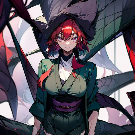 Female anime character, long red hair, plum eyes, with a dark glow, she wears a dark green short kimono and thigh-high stockings