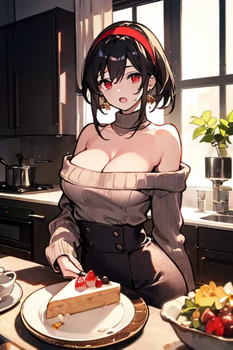 masterpiece, yor, 1girl, Amazing Cleavage:1.3, thin waist, big ass, Raised sexy, medium breast: 1.8 posed cleavage:1.2、solo, looking at viewer, open mouth, have a cup of coffee,black hair, red eyes, dress, bare shoulders, jewelry, collarbone, sidelocks, ha...