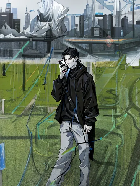 Tall man, pale skin, long straight black hair, black clothes, attractive face, blacksweatshirt coat, black pants, talking on a cell phone, on a cell phone call, standing