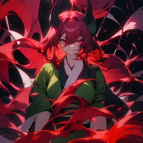 Female anime character, long red hair, plum eyes, with a dark glow, she wears a dark green short kimono and thigh-high stockings